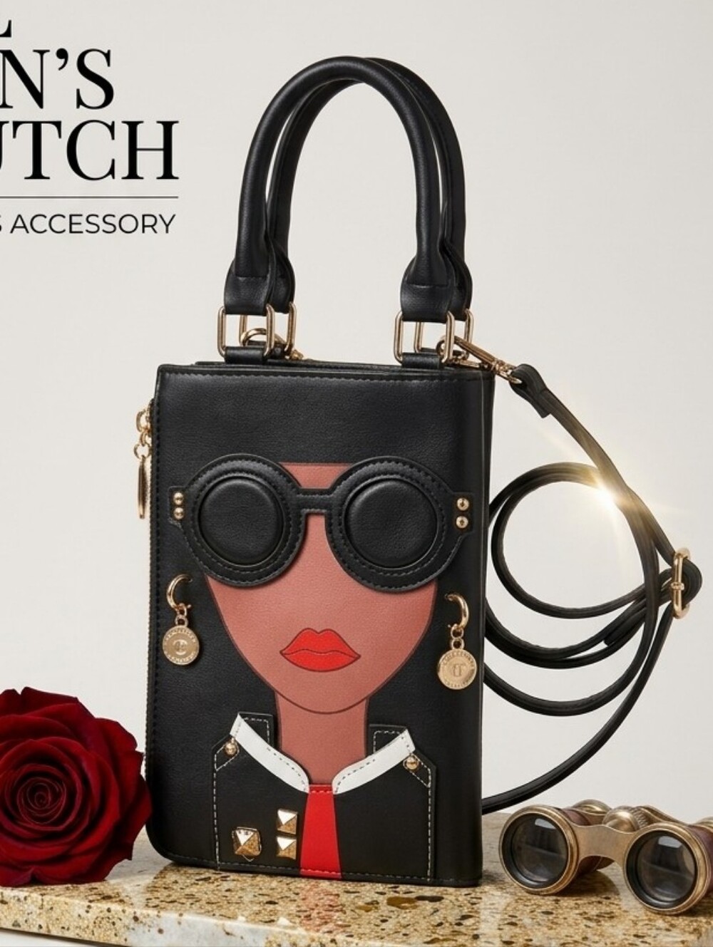 Women's Novelty Lady Face Black Leather Top Handle Crossbody Flat Bag